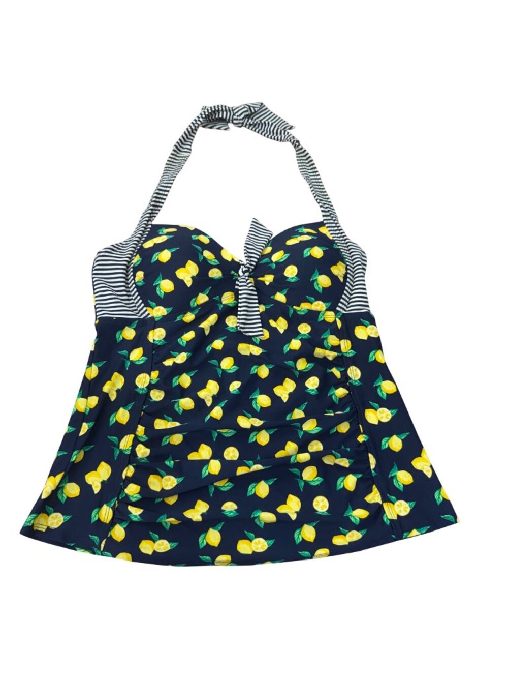 Merona Navy Lemon Print Halter Tankini Top SZ M Striped Accents & Ruched Details